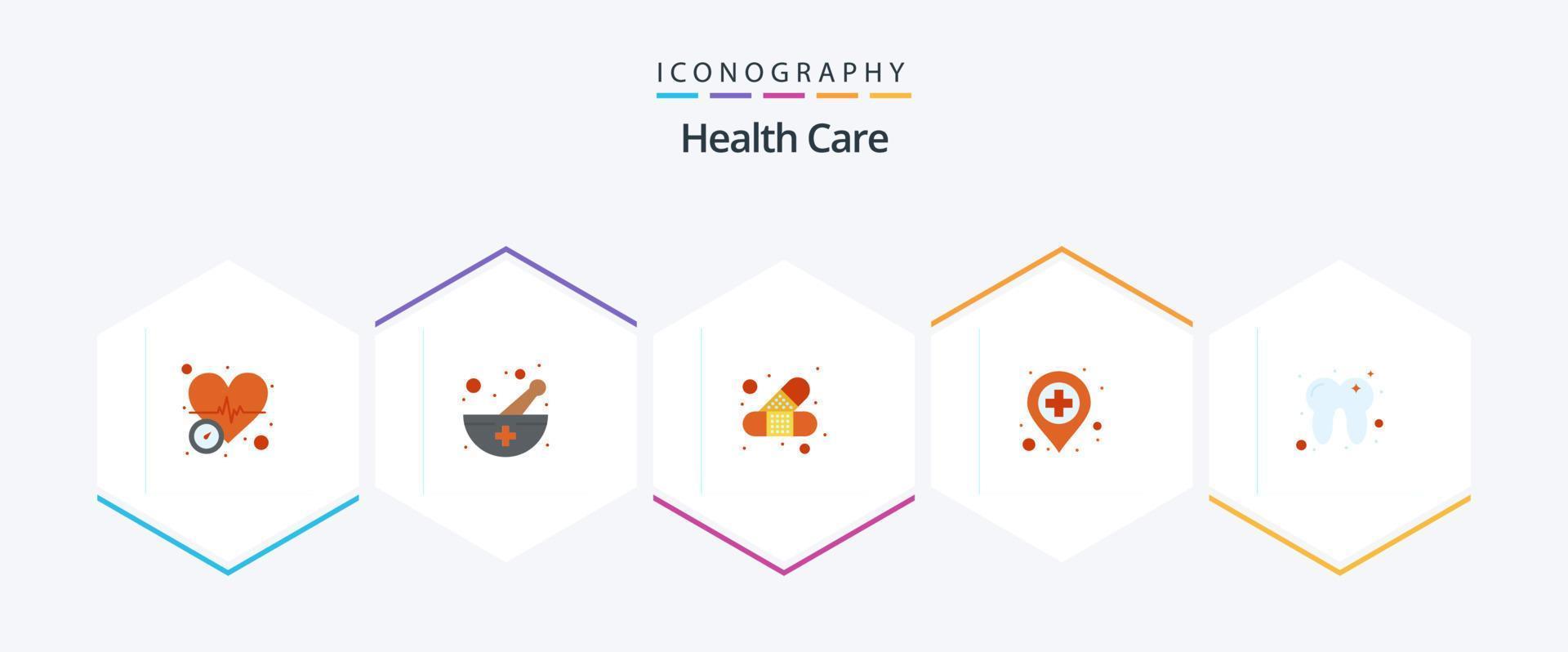 pack d'icônes plates de 25 soins de santé, y compris les dents. aide. emplacement. ambulance vecteur