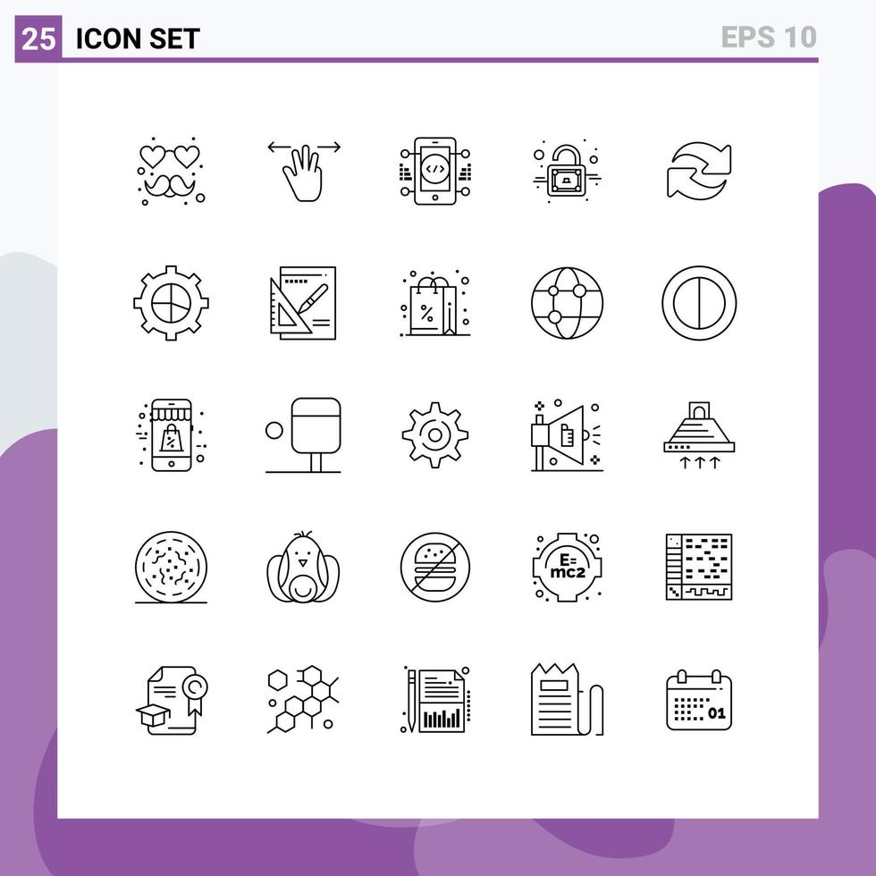 ensemble moderne de 25 lignes et symboles tels que le développement de rechargement répété rafraîchir les éléments de conception vectoriels modifiables du cadenas vecteur