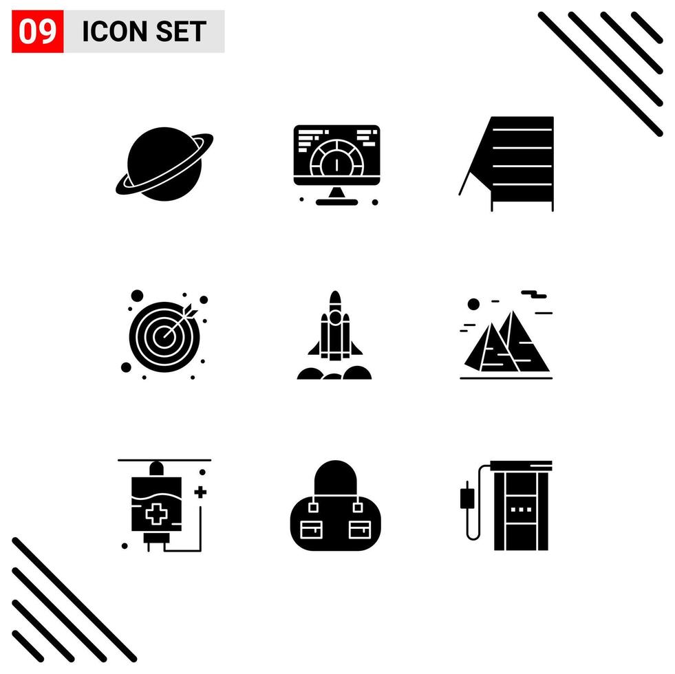 9 concept de glyphe solide pour les sites Web mobiles et applications démarrage de licorne de fusée servant des fléchettes cibles éléments de conception vectoriels modifiables vecteur