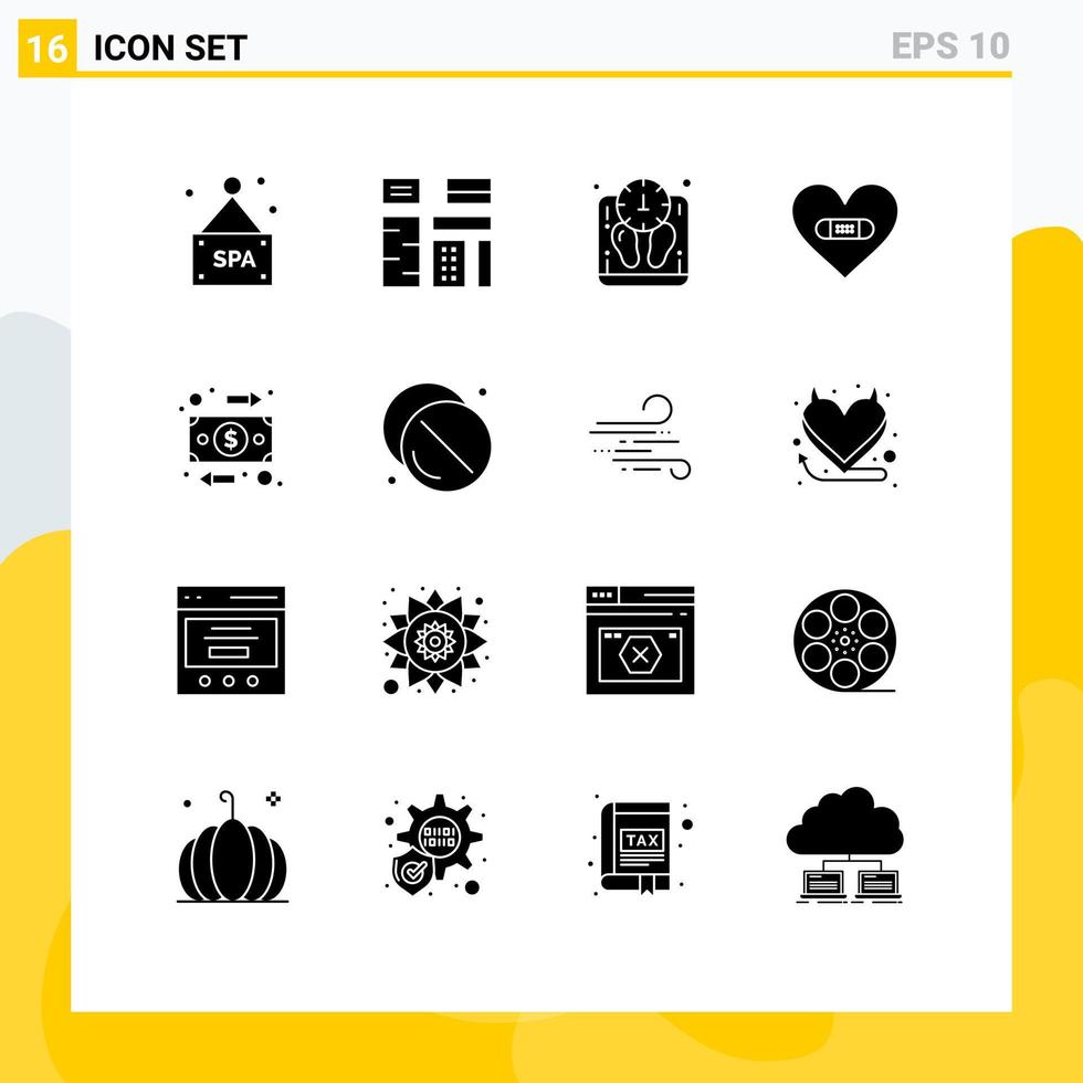interface mobile glyphe solide ensemble de 16 pictogrammes de flux amour régime coeur blessé éléments de conception vectoriels modifiables vecteur