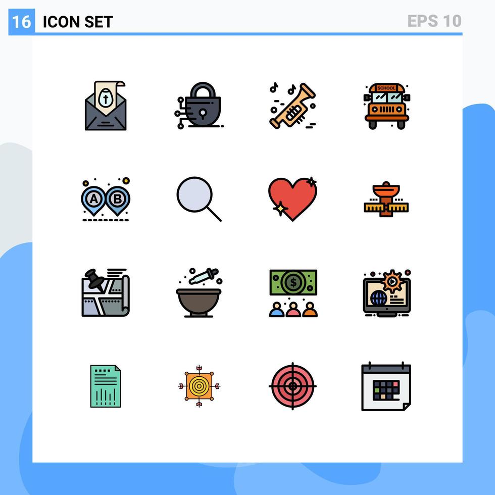 groupe de 16 signes et symboles de lignes remplies de couleurs plates pour les éléments de conception vectoriels créatifs modifiables de l'école de destination de musique de route vecteur