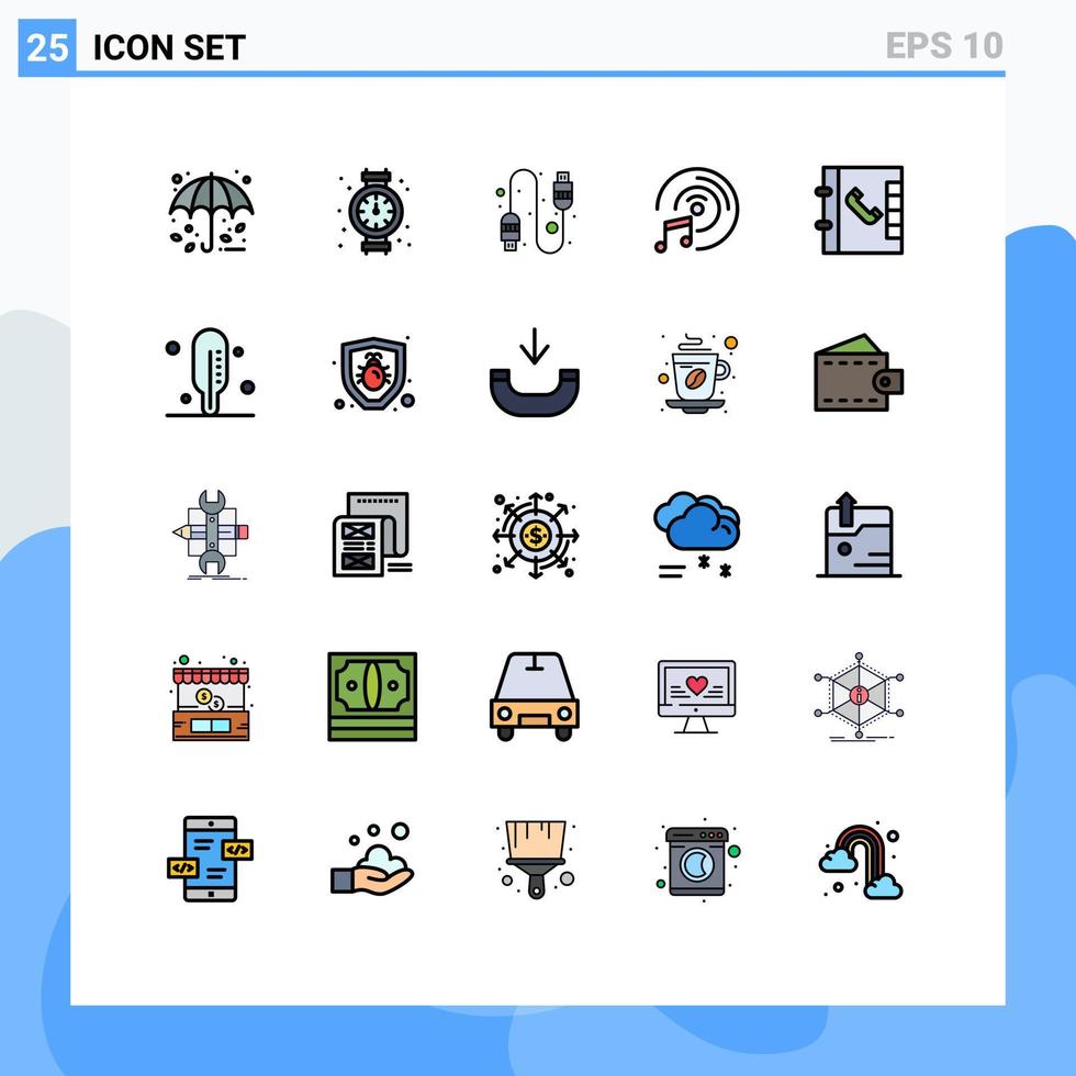 ensemble de 25 symboles d'icônes d'interface utilisateur modernes signes pour thermomètre contacts de câble téléphonique musique éléments de conception vectoriels modifiables vecteur