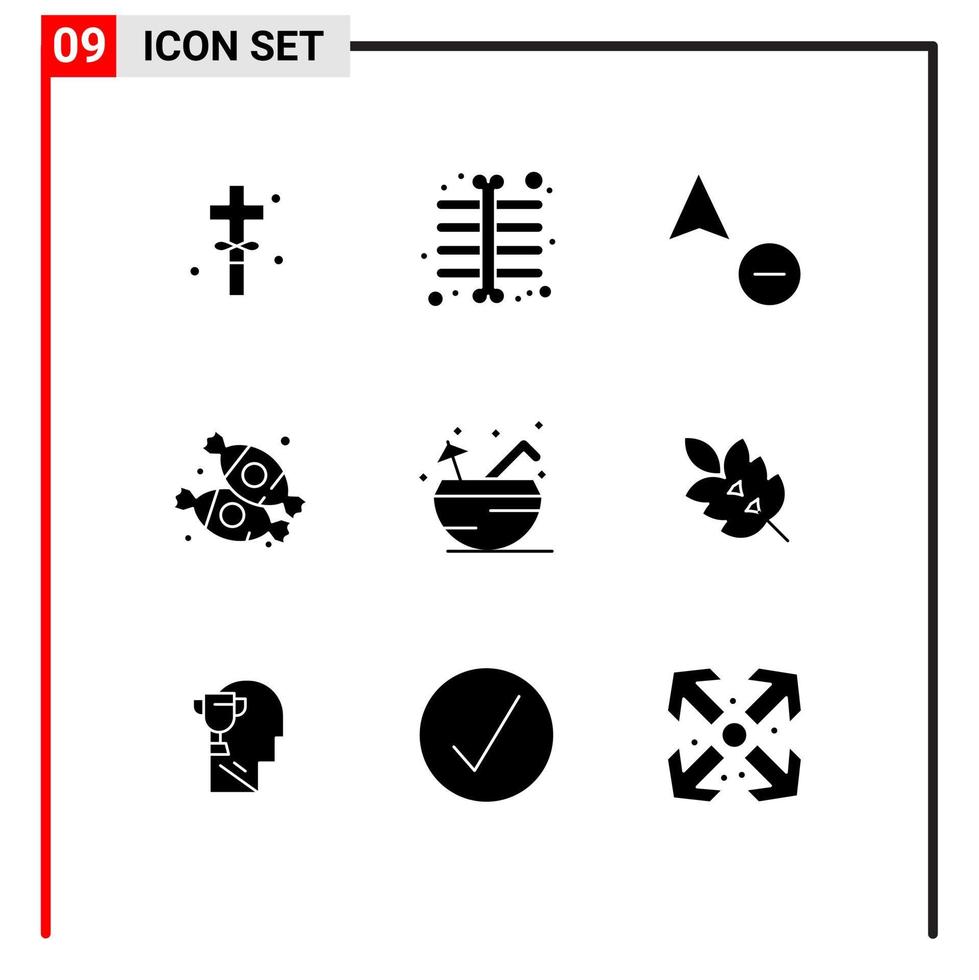 interface mobile glyphe solide ensemble de 9 pictogrammes d'éléments de conception vectoriels modifiables de nourriture de plage de noix de coco d'été vecteur