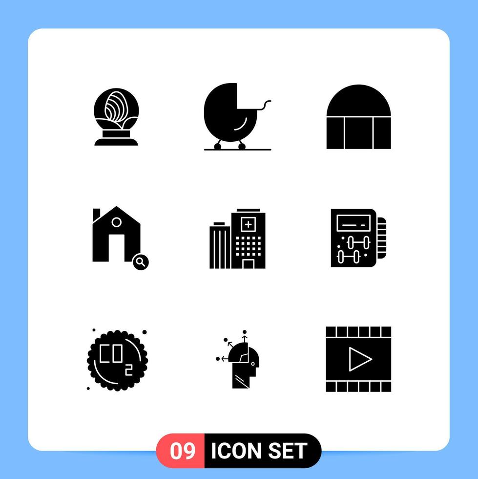 groupe de 9 signes et symboles de glyphes solides pour la construction d'une maison d'hôpital trouver des bâtiments éléments de conception vectoriels modifiables vecteur