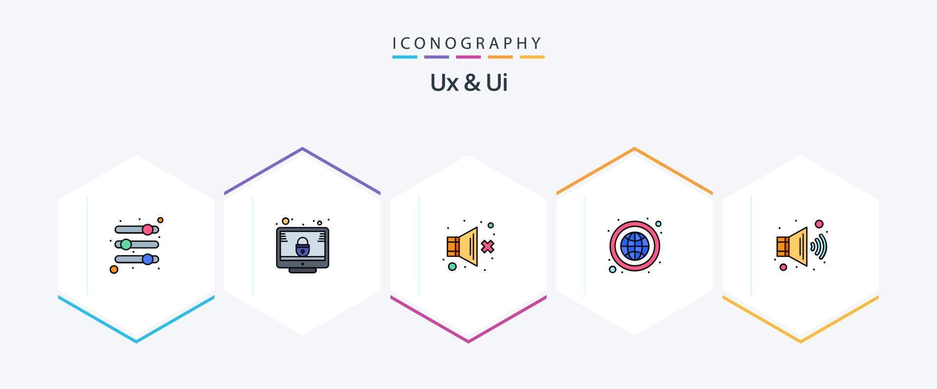 pack d'icônes ux et ui 25 filledline comprenant un haut-parleur. globe. mettre en sourdine. réseau. la terre vecteur