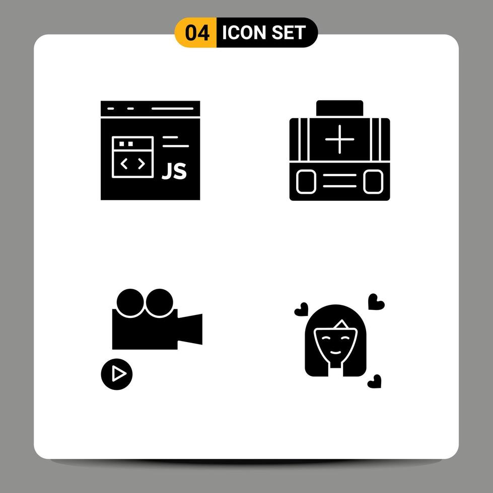 symboles d'icônes universels groupe de 4 glyphes solides modernes de développement de caméra de code éléments de conception vectoriels modifiables vidéo de premiers soins vecteur
