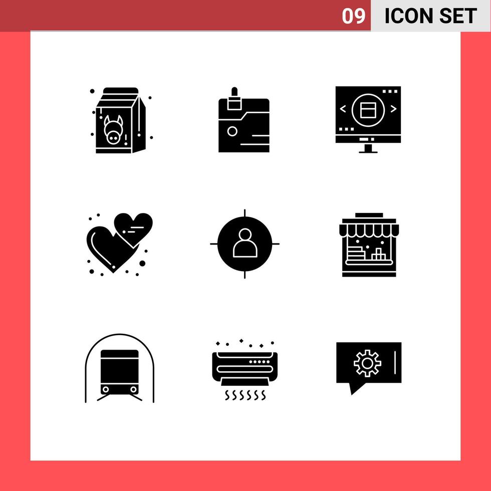 interface mobile glyphe solide ensemble de 9 pictogrammes d'amour emojis technologie affection shopping éléments de conception vectoriels modifiables vecteur