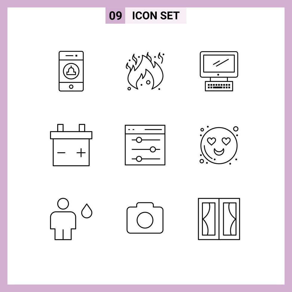 ensemble de 9 symboles d'icônes d'interface utilisateur modernes signes pour les paramètres emot moniteur interface batterie éléments de conception vectoriels modifiables vecteur