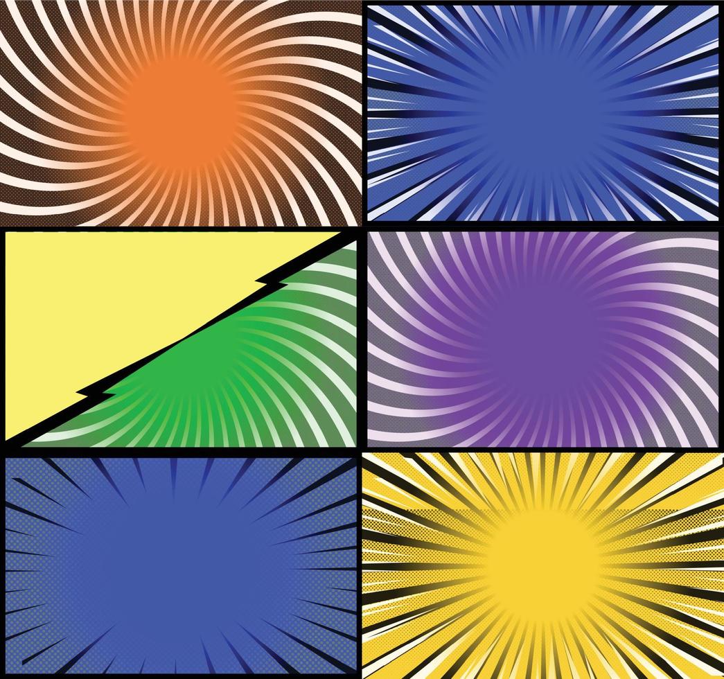 fond de cadres colorés de bande dessinée avec des rayons de demi-teintes effets radiaux et pointillés style pop art vecteur