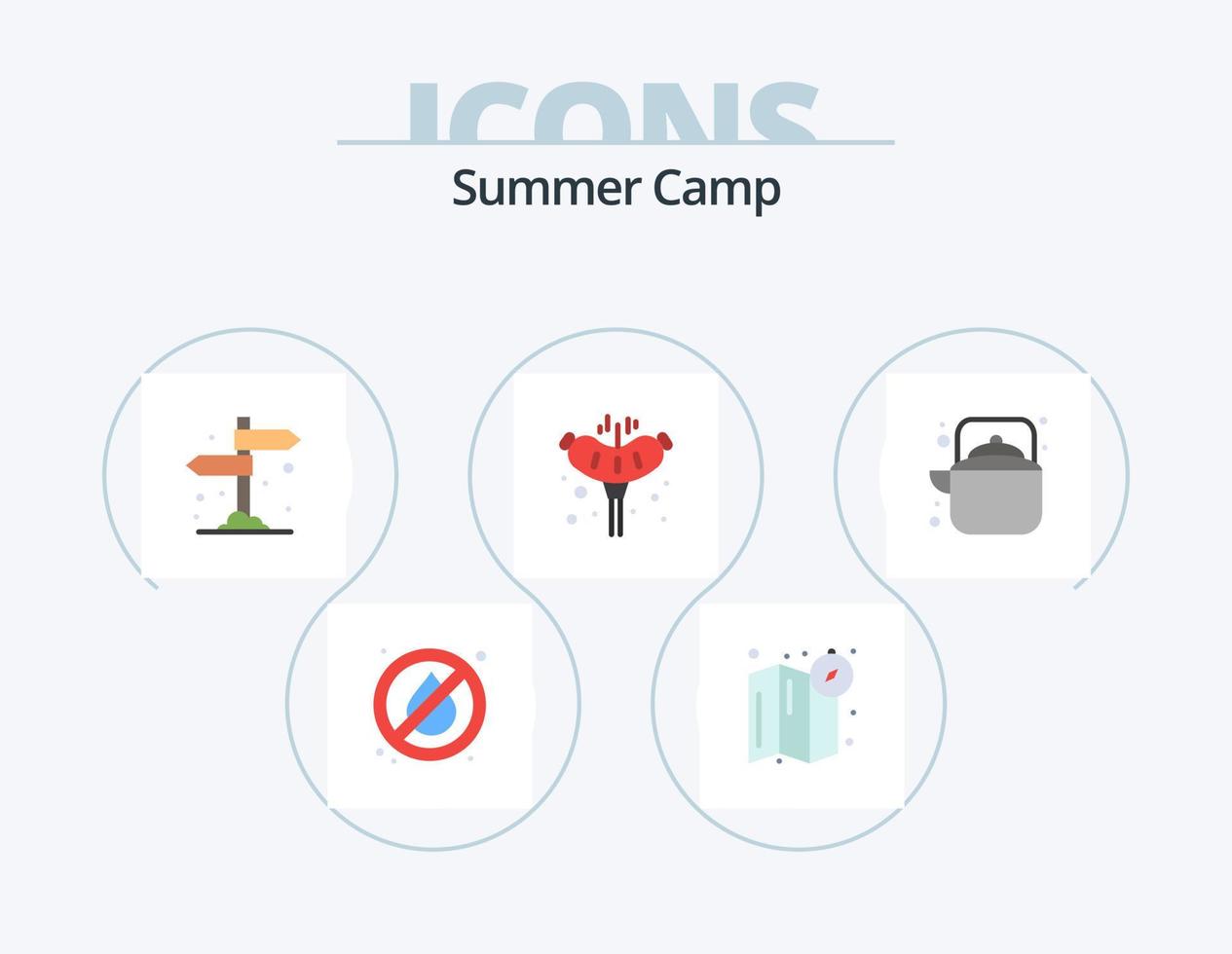 pack d'icônes plates de camp d'été 5 conception d'icônes. thé. Extérieur. direction. camping. saucisson vecteur