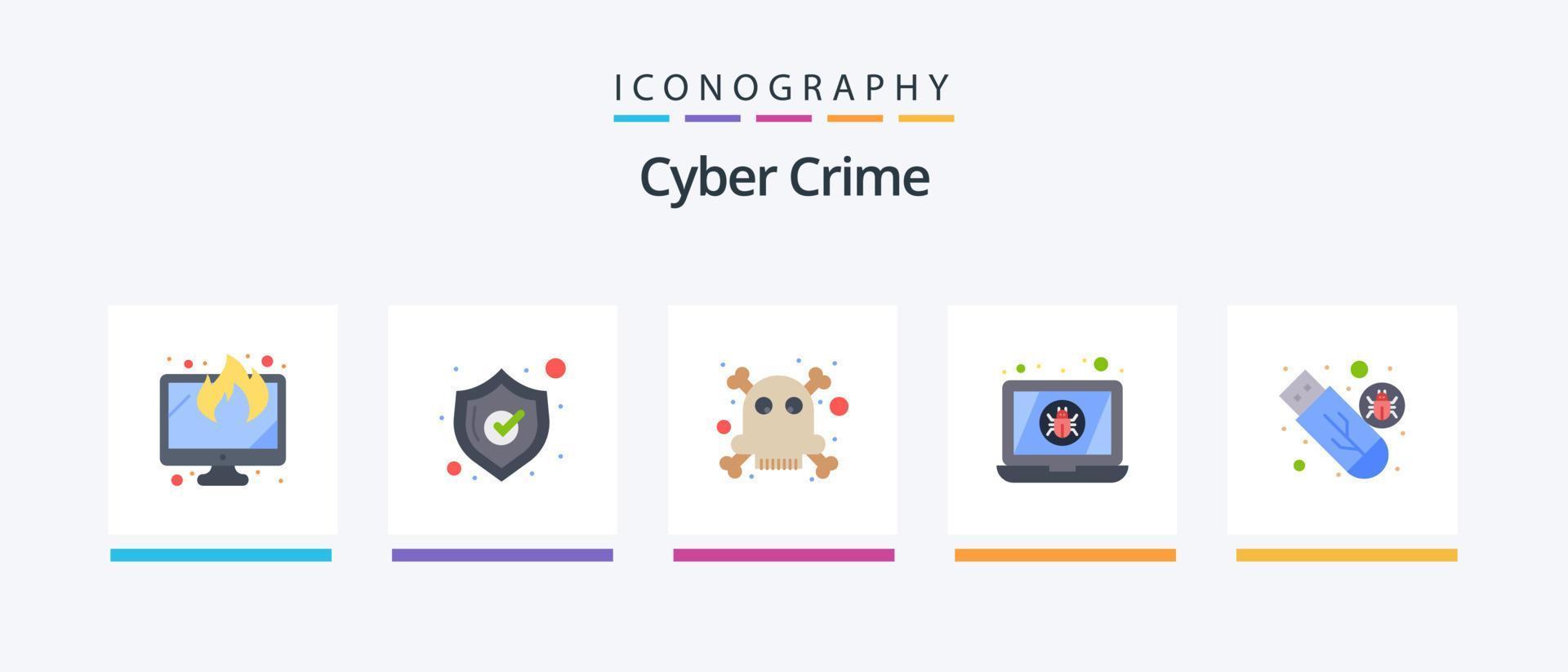 pack d'icônes plat 5 de cybercriminalité, y compris usb. logiciels malveillants. décès. lecteur. ordinateur portable. conception d'icônes créatives vecteur