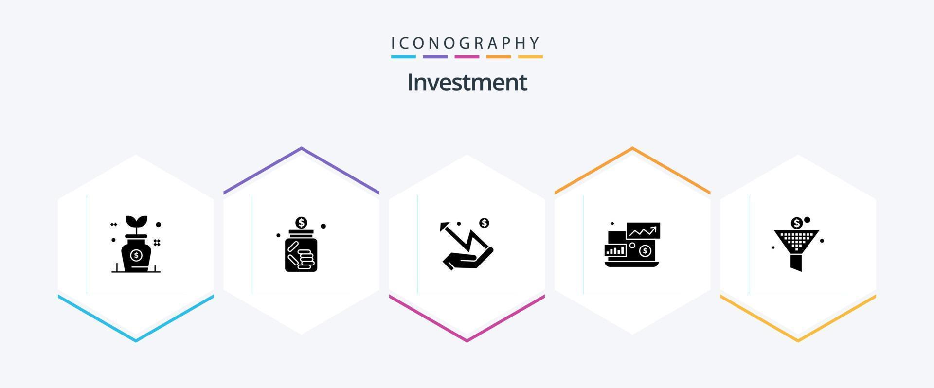 pack d'icônes d'investissement de 25 glyphes, y compris le filtre. investissement. économie. financier. statistique vecteur