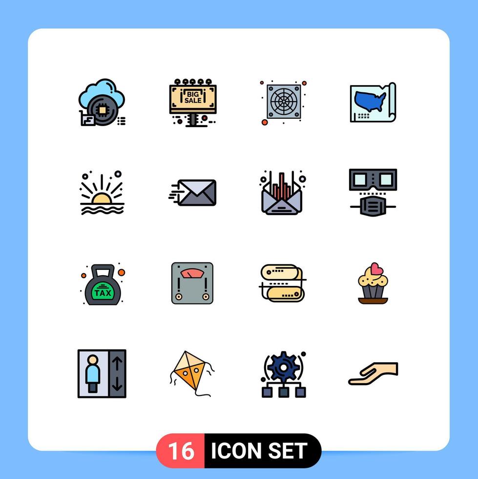 interface mobile ligne remplie de couleurs plates ensemble de 16 pictogrammes du lever du soleil océan ordinateur états-unis éléments de conception vectoriels créatifs modifiables vecteur