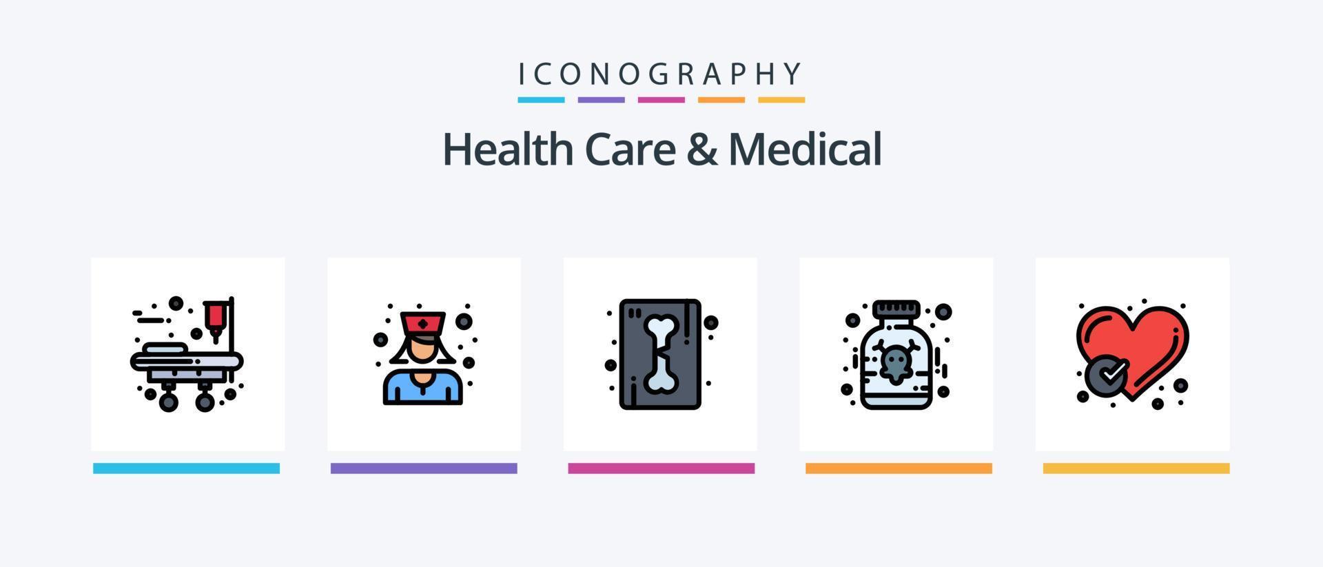 soins de santé et ligne médicale remplis de 5 packs d'icônes, y compris infirmière. cœur. première. se soucier. Assurance. conception d'icônes créatives vecteur