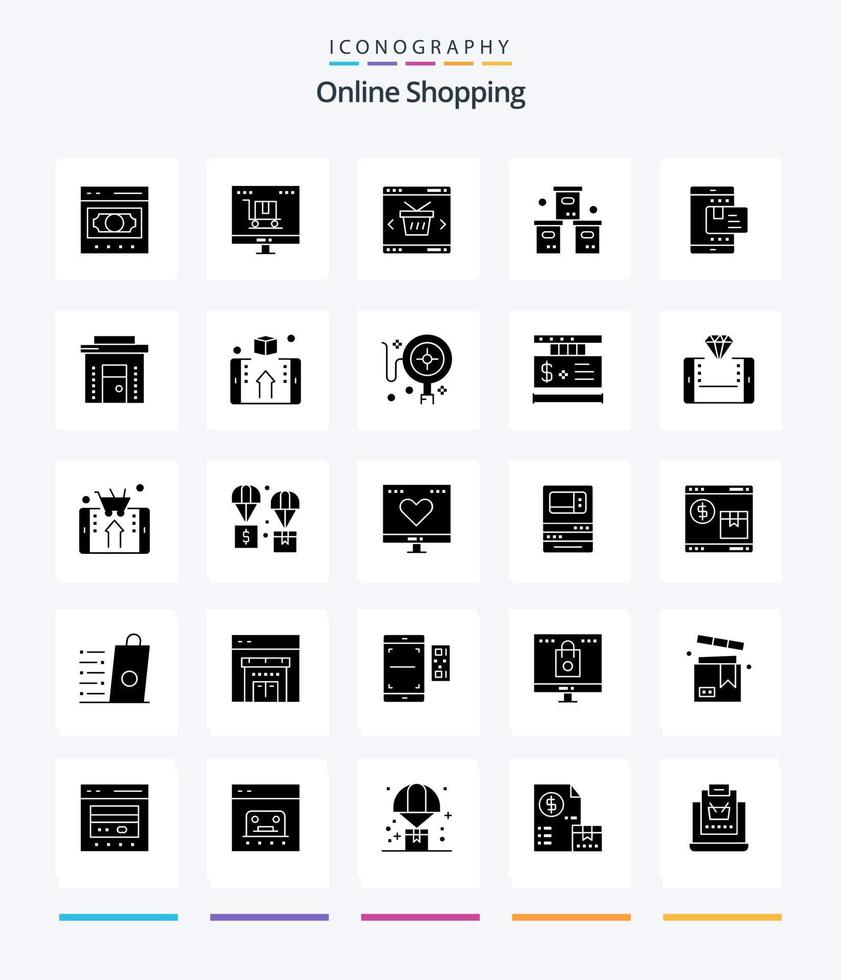 achats en ligne créatifs pack d'icônes noires solides de 25 glyphes tels que pack. boîte. commercialisation. boutique. en ligne vecteur