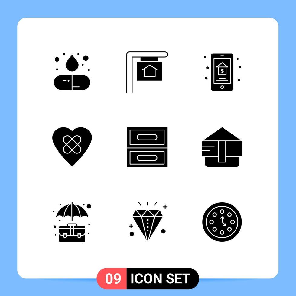 interface mobile ensemble de glyphes solides de 9 pictogrammes de patch d'enchères d'archives de tiroir guérir des éléments de conception vectoriels modifiables vecteur