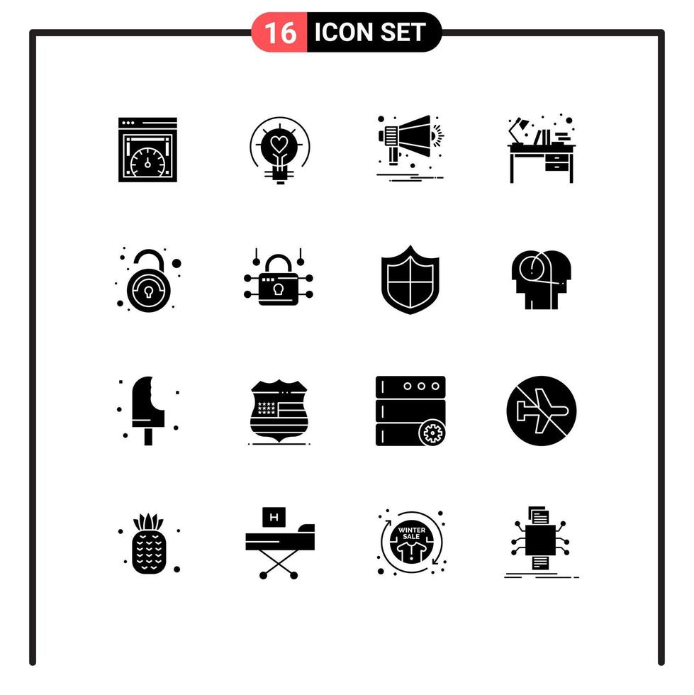 interface utilisateur pack de 16 glyphes solides de base de table d'étude conseils intérieurs notification de bureau éléments de conception vectoriels modifiables vecteur