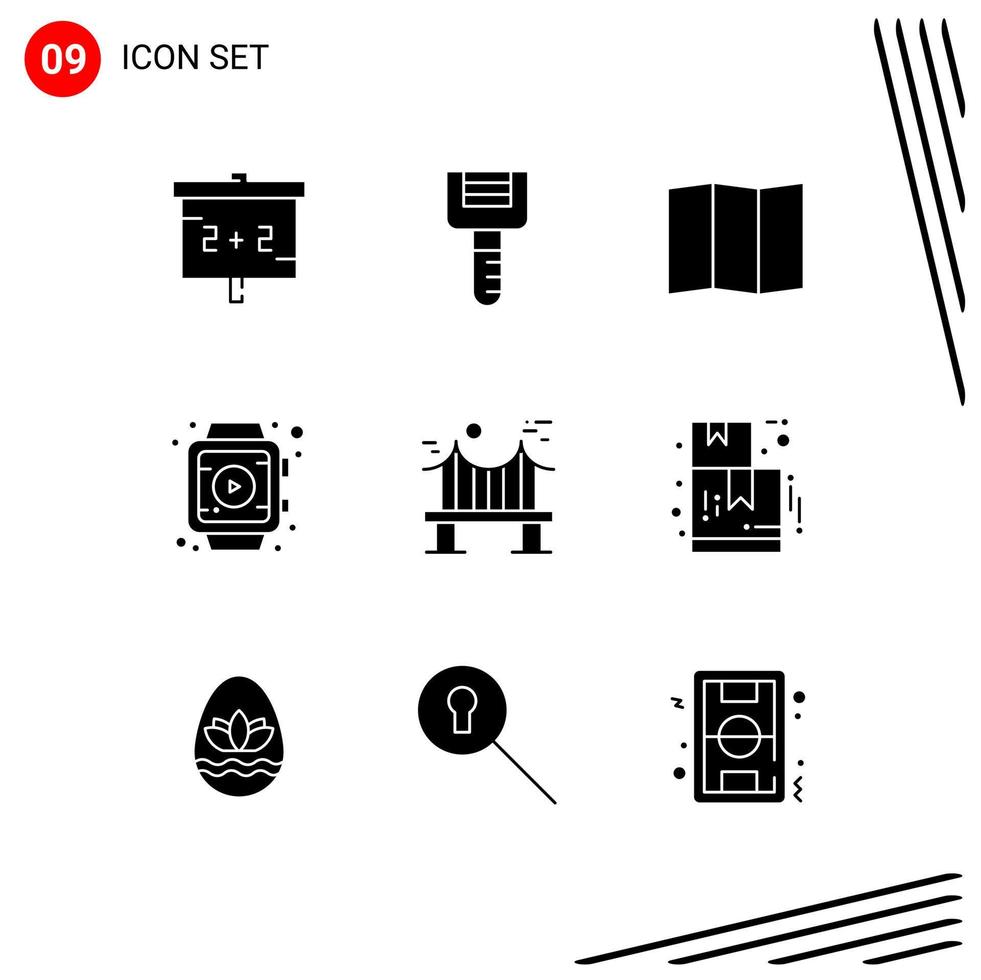 ensemble de 9 symboles d'icônes d'interface utilisateur modernes signes pour boîte rivière carte métal à travers des éléments de conception vectoriels modifiables vecteur
