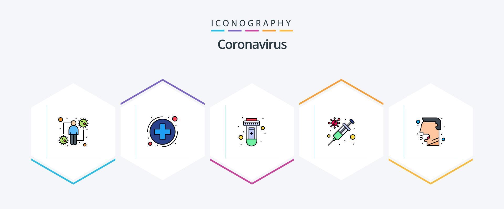 coronavirus 25 pack d'icônes remplies, y compris la toux. vaccin. pancarte. protection. virus vecteur