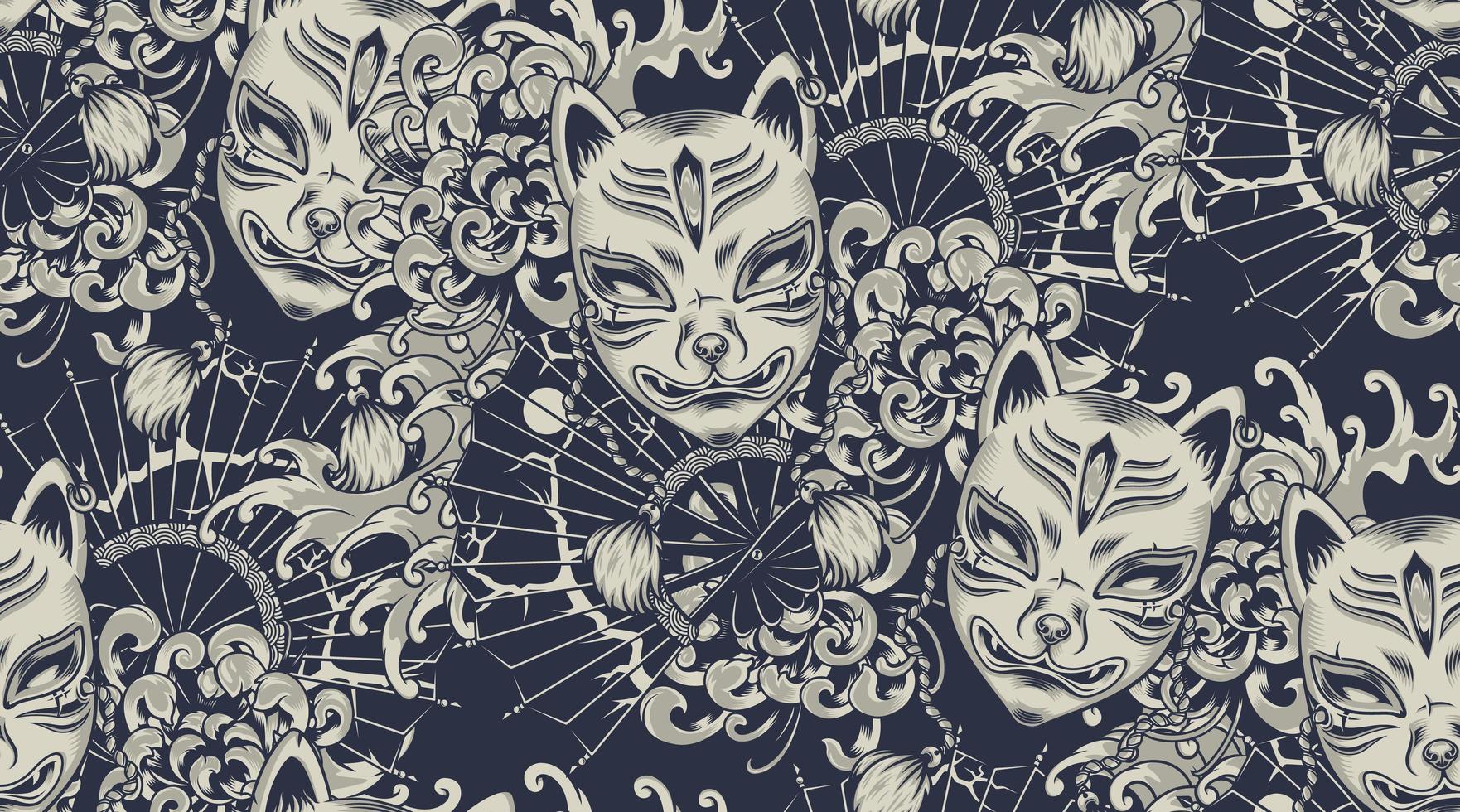motif monochrome avec un masque kitsune sur le thème japonais. vecteur