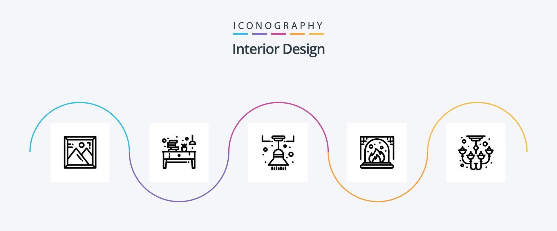 pack d'icônes de la ligne 5 de design d'intérieur, y compris la lampe. ampoule. lustre. intérieur. cheminée vecteur