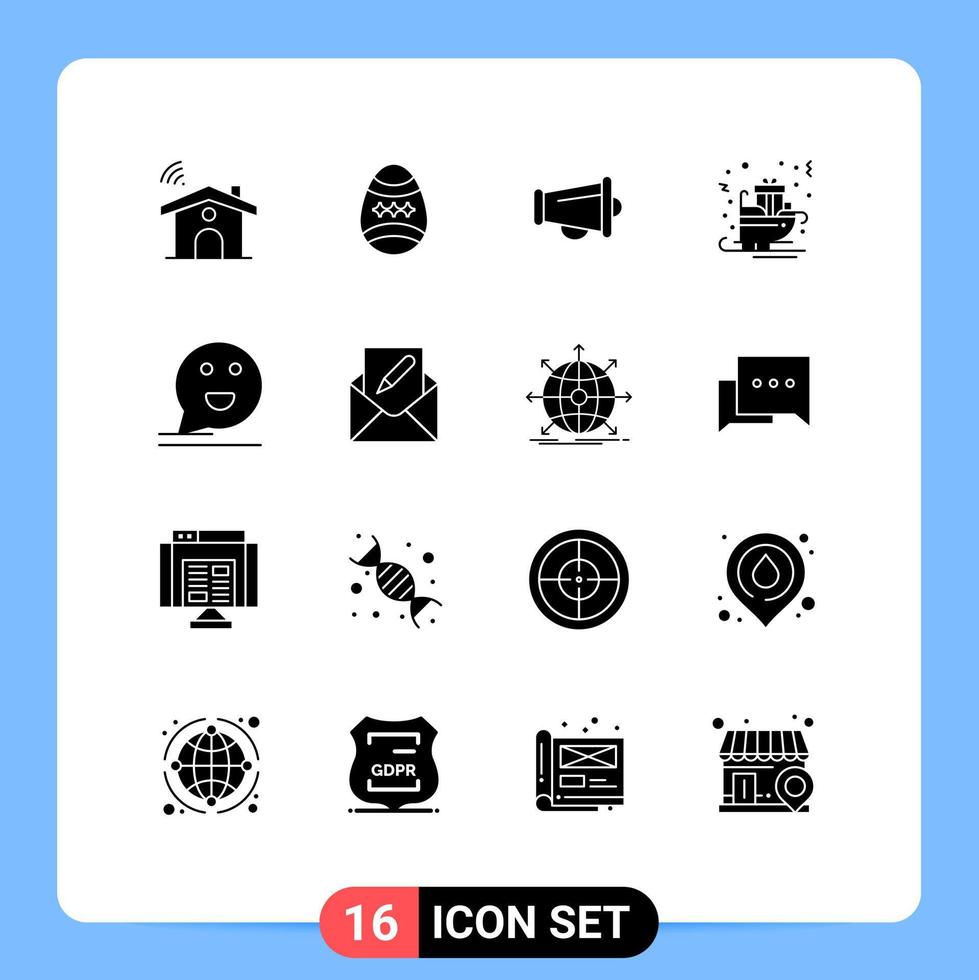 pack de glyphes solides de 16 symboles universels d'éléments de conception vectoriels modifiables de chariot de père noël mégaphone de traîneau à bulles vecteur