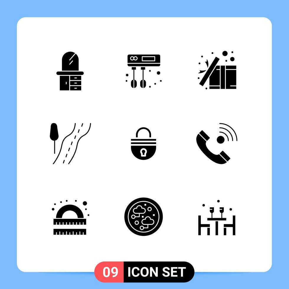 9 concept de glyphe solide pour les sites Web mobiles et la sécurité des applications sécurisé itinéraire de verrouillage ouvert éléments de conception vectoriels modifiables vecteur