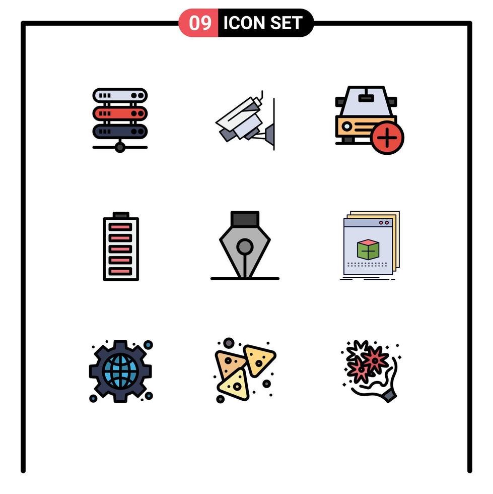 groupe de 9 signes et symboles de couleurs plates remplies pour une électricité complète ajouter des éléments de conception vectoriels modifiables pour véhicules électriques vecteur