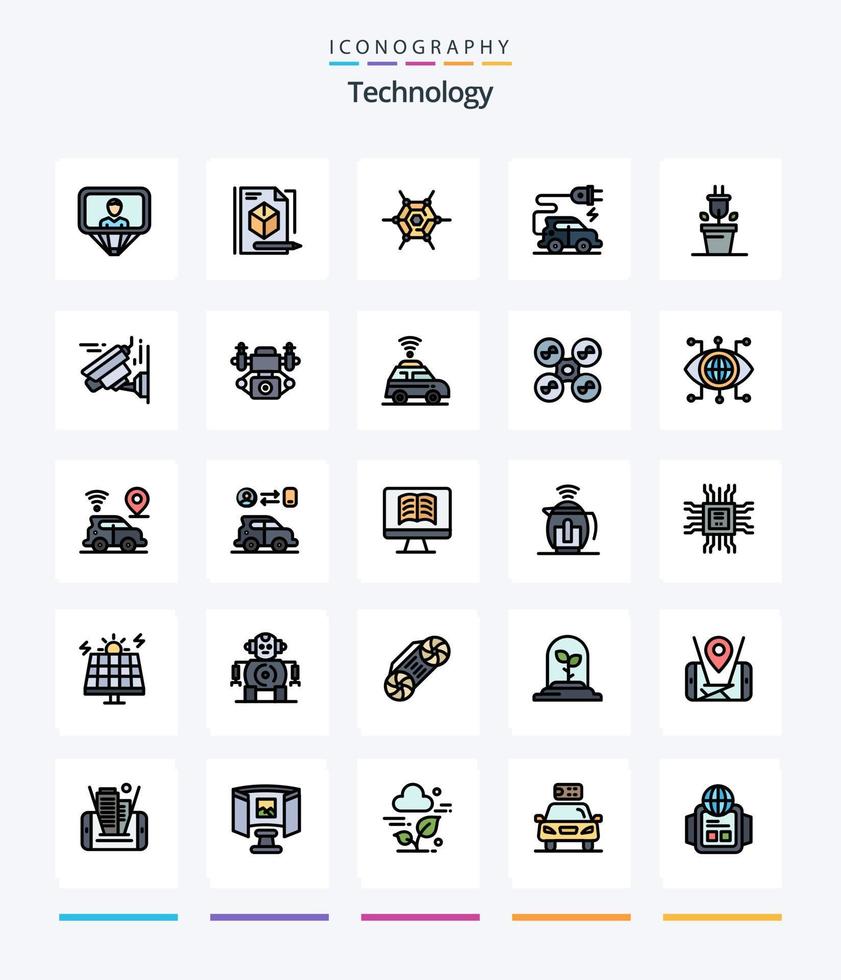 pack d'icônes remplies de 25 lignes de technologie créative, telles que l'appareil photo. plante. décentralisée. brancher. Voiture électrique vecteur