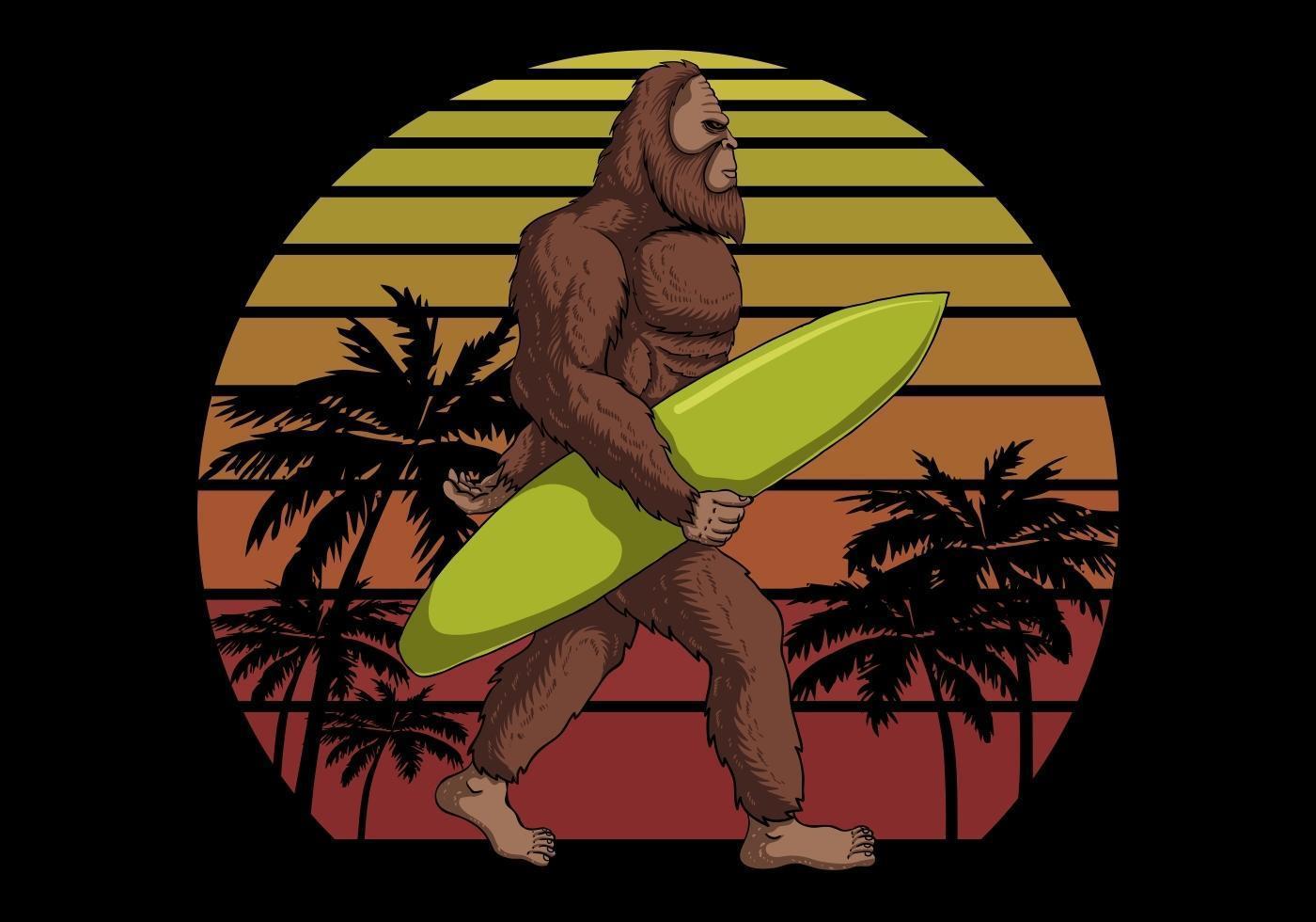 bigfoot tenant une planche de surf près du coucher du soleil illustration vectorielle rétro vecteur