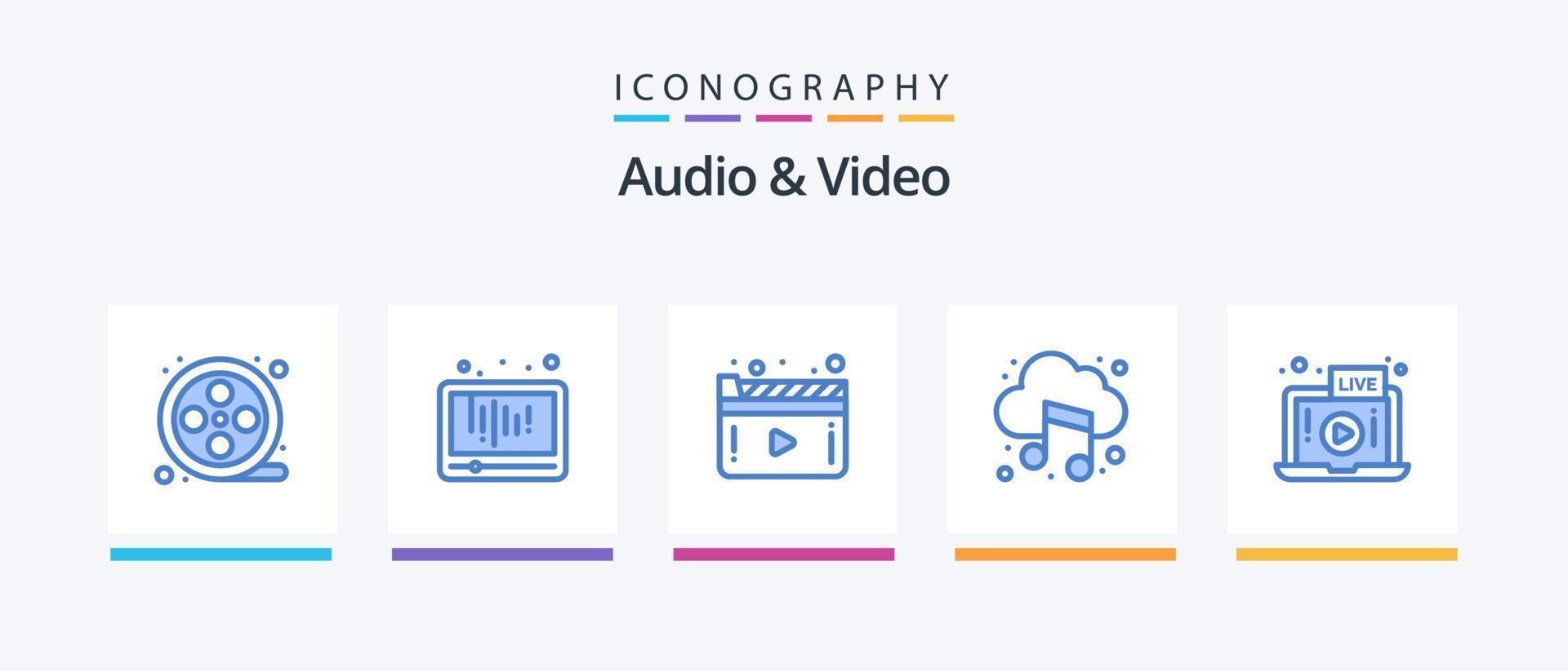 pack d'icônes audio et vidéo bleu 5, y compris la vidéo. du son. médias. musique. l'audio. conception d'icônes créatives vecteur