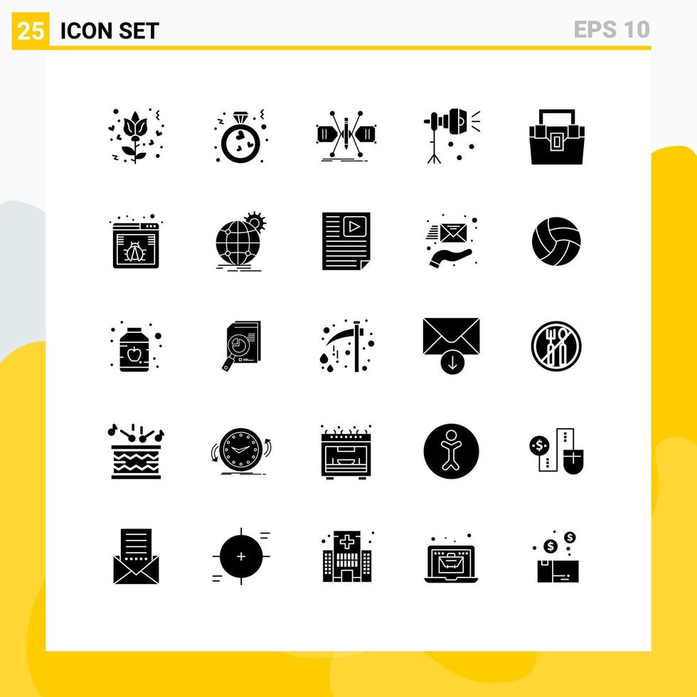 ensemble de 25 glyphes solides vectoriels sur la grille pour le projecteur de sac construisant des éléments de conception vectoriels modifiables d'éclairage de foudre vecteur