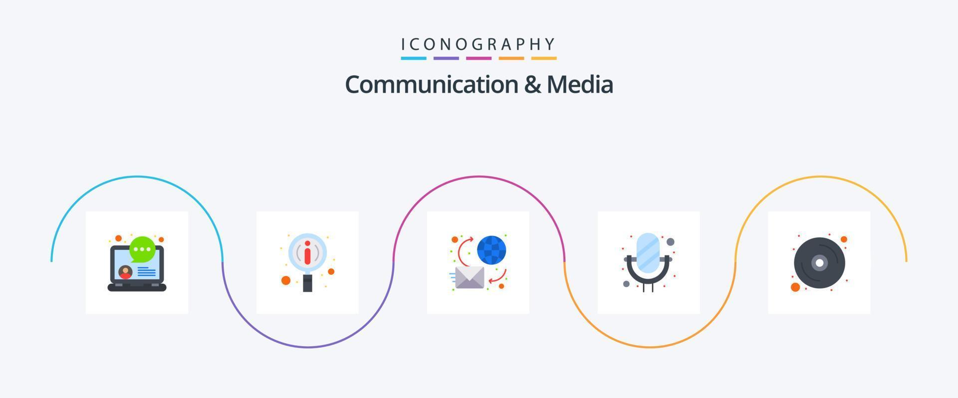 pack d'icônes plat 5 de communication et de médias, y compris le disque. magnétophone. discuter. enregistrer. micro vecteur