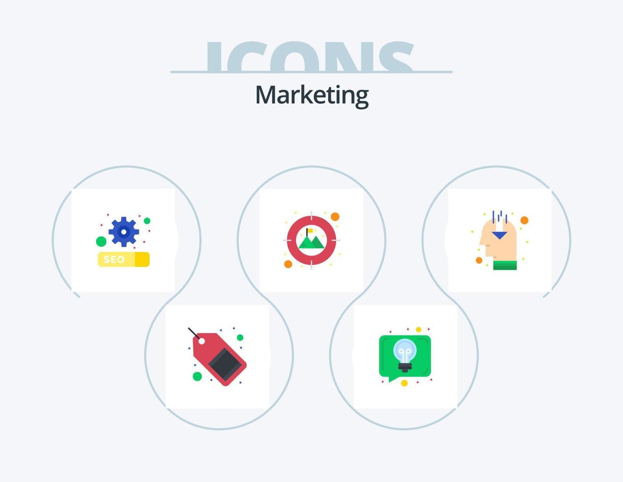 pack d'icônes plat marketing 5 conception d'icônes. avis. idée. parlez. cible. se concentrer vecteur