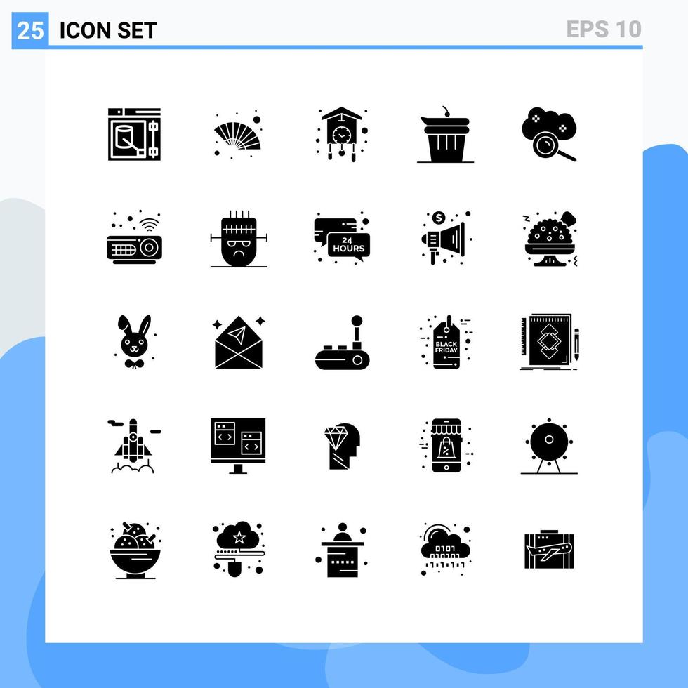 ensemble de 25 glyphes solides vectoriels sur la grille pour l'horloge alimentaire de cloud computing fait d'anciens éléments de conception vectoriels modifiables vecteur