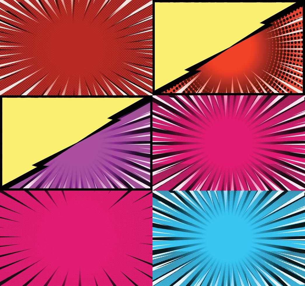 fond de cadres colorés de bande dessinée avec des rayons de demi-teintes effets radiaux et pointillés style pop art vecteur