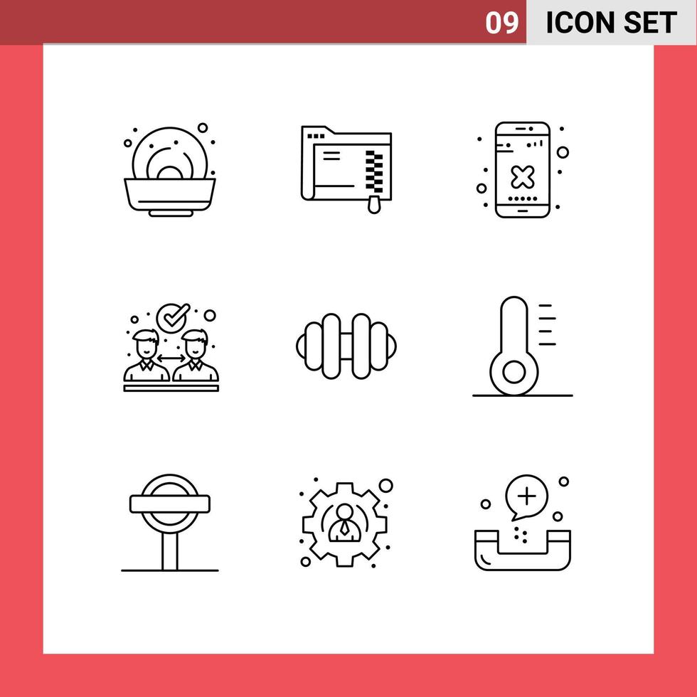 ensemble de pictogrammes de 9 contours simples d'éléments de conception vectoriels modifiables de collaboration d'haltères de sports de vacances vecteur