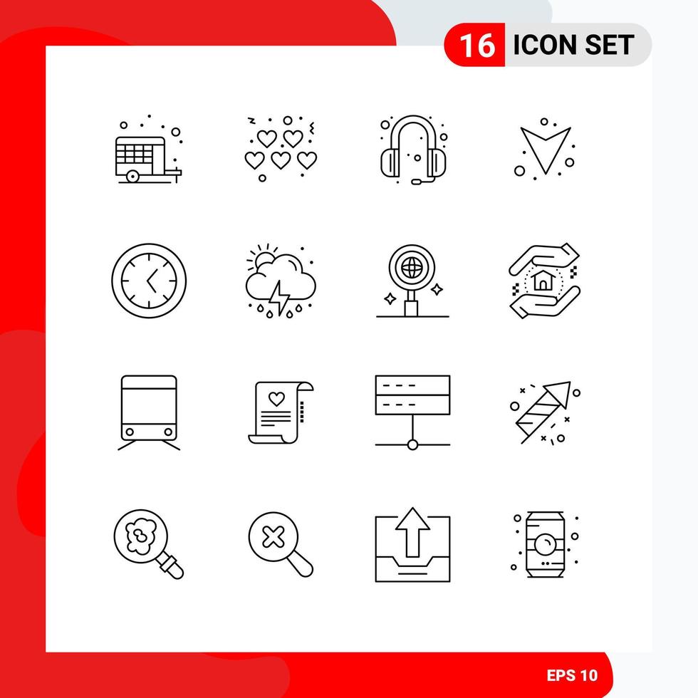 16 ensemble de contours d'interface utilisateur de signes et symboles modernes d'outils d'écouteurs d'horloge de pluie vers le bas des éléments de conception vectoriels modifiables vecteur