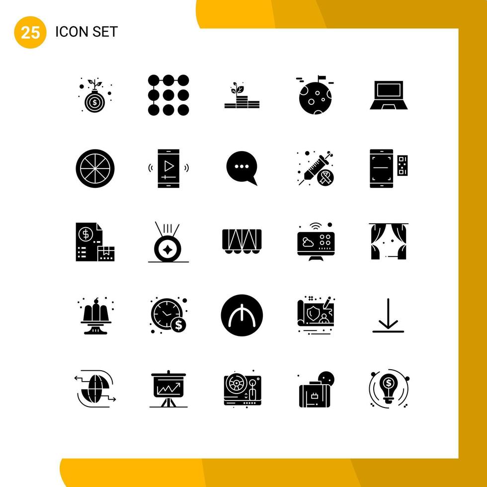 groupe de 25 signes et symboles de glyphes solides pour les ordinateurs gadget éléments de conception vectoriels modifiables de gaz spatial de croissance vecteur