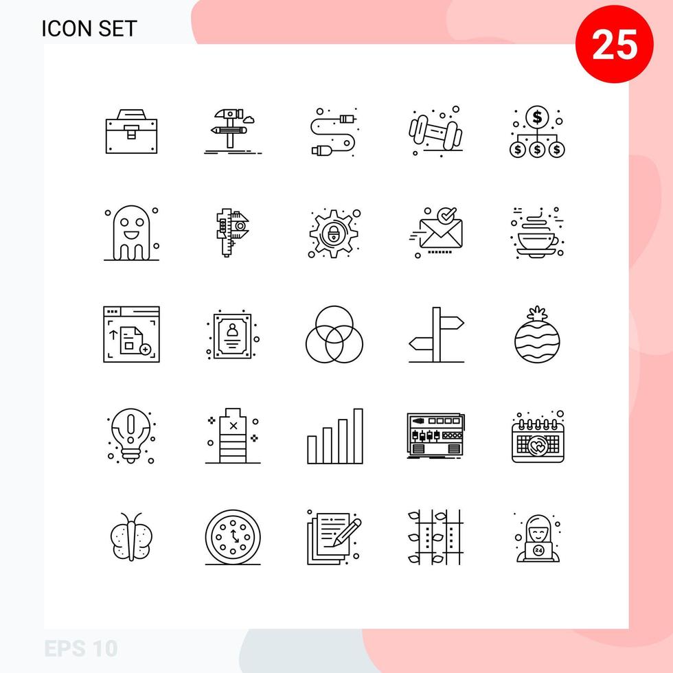 ensemble de 25 symboles d'icônes d'interface utilisateur modernes signes pour l'outil d'haltère de gym régime éléments de conception vectoriels modifiables usb vecteur