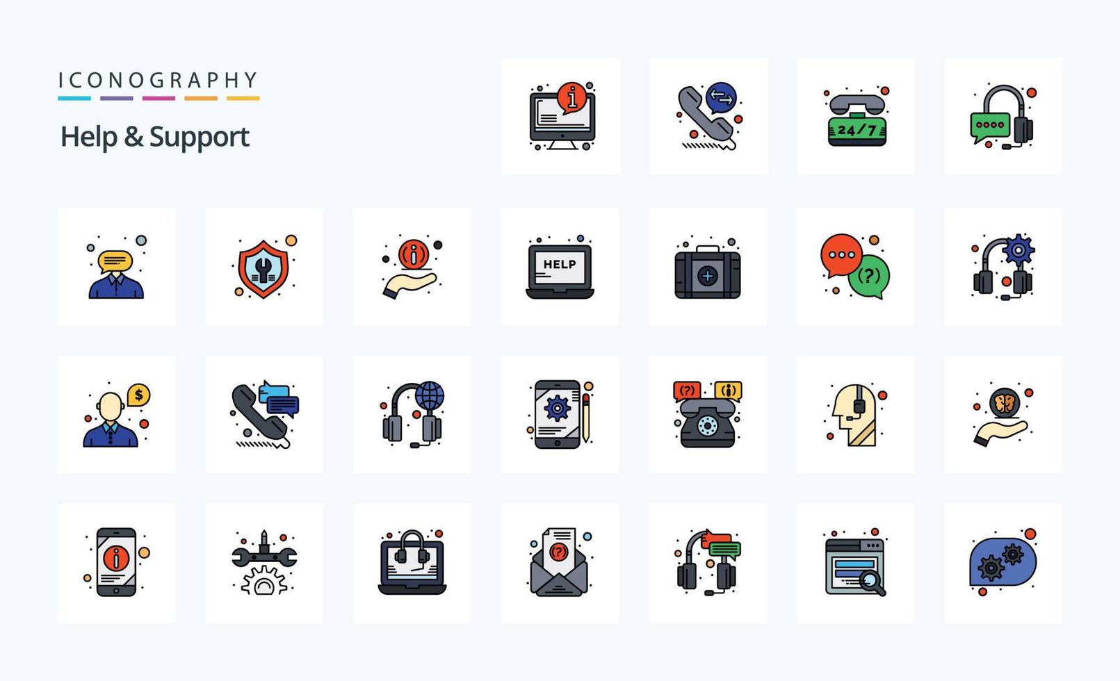 25 pack d'icônes de style rempli de ligne d'aide et de support vecteur