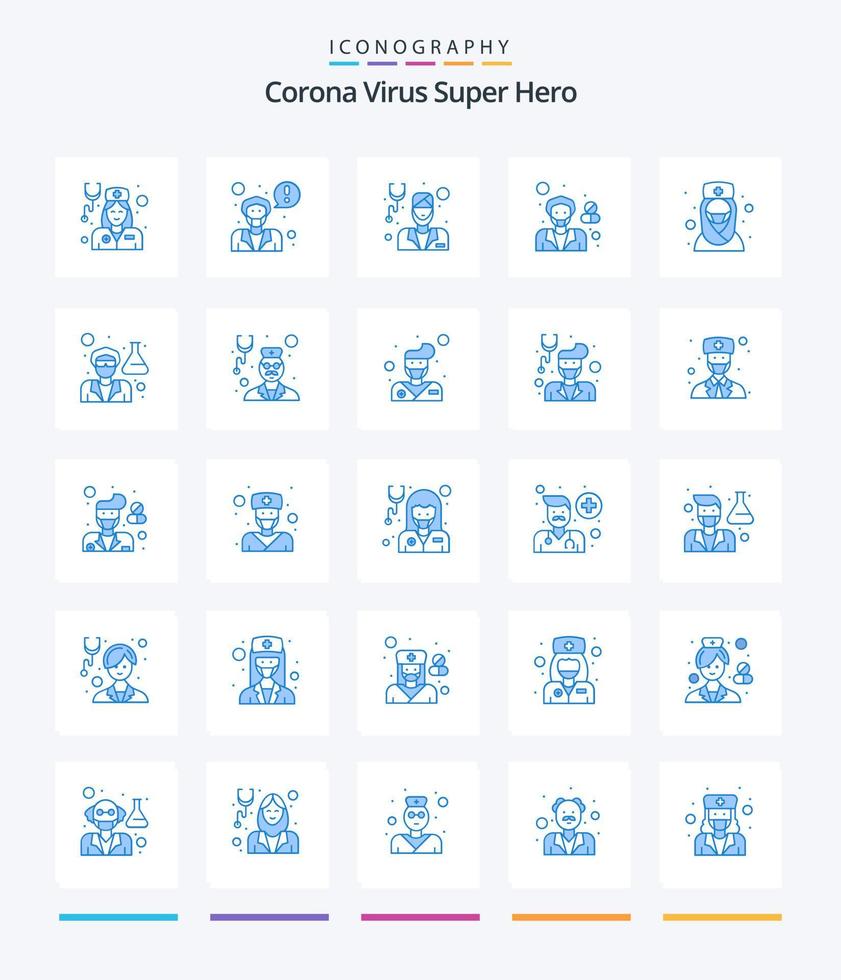 pack d'icônes bleu super héros 25 du virus corona créatif tel que médecin. pharmacien. Visage. hôpital. femelle vecteur