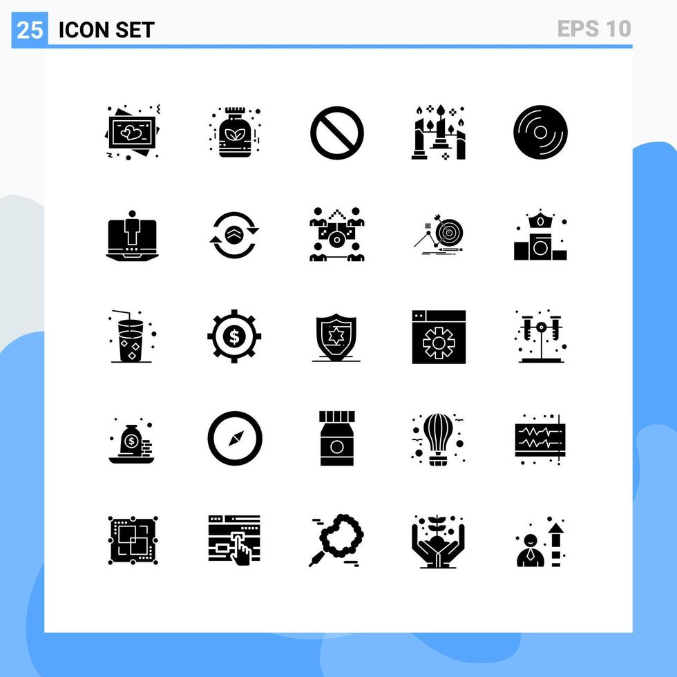 ensemble de 25 glyphes solides universels pour les appareils matériels d'applications web et mobiles fermer les bougies lumineuses éléments de conception vectoriels modifiables vecteur