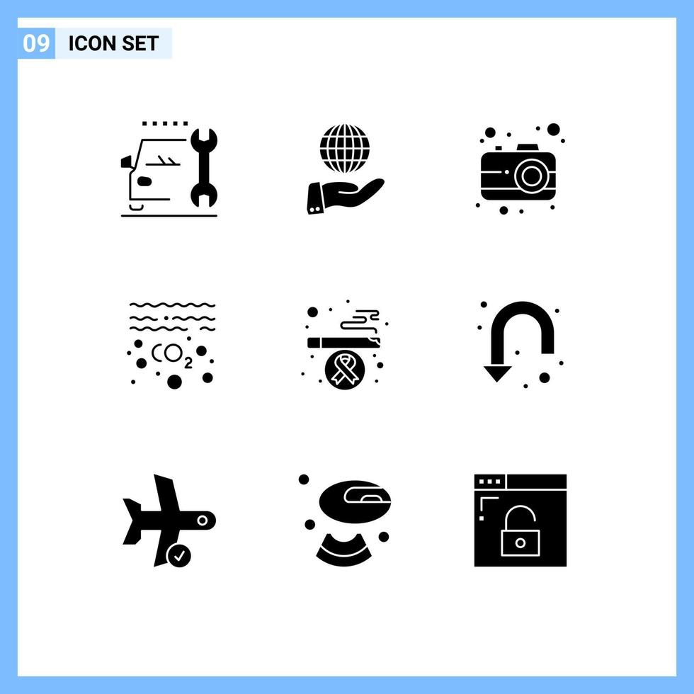 9 concept de glyphe solide pour sites Web mobiles et applications fumer cigarette caméra co huile éléments de conception vectoriels modifiables vecteur