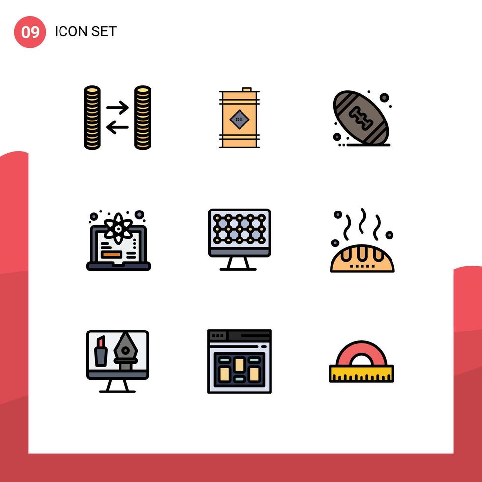 9 concept de couleur plate fillline pour les sites Web mobiles et les applications ordinateur de boule de technologie de pain apprendre les éléments de conception vectoriels modifiables vecteur