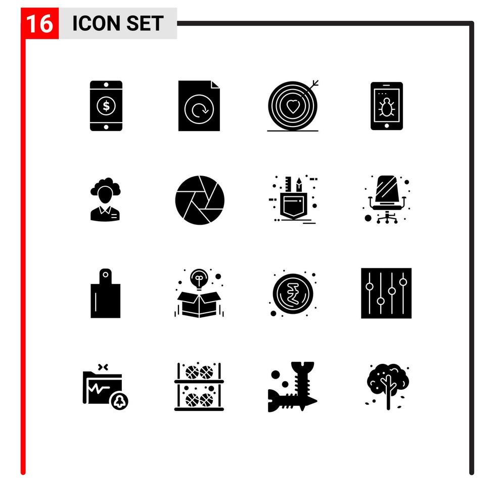 16 pack de glyphes solides de l'interface utilisateur de signes et symboles modernes du gestionnaire humain cible cloud bug éléments de conception vectoriels modifiables vecteur