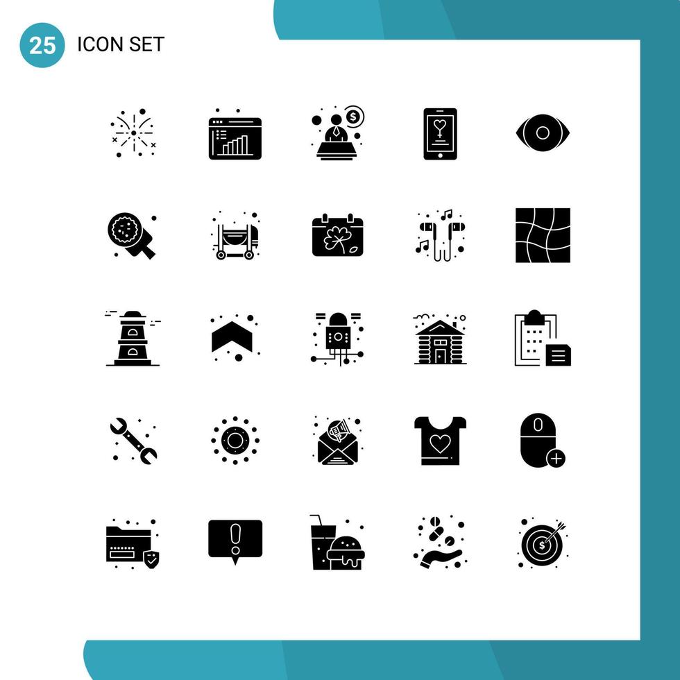 ensemble de pictogrammes de 25 glyphes solides simples d'éléments de conception vectoriels modifiables mobiles d'amant de compte d'oeil humain vecteur