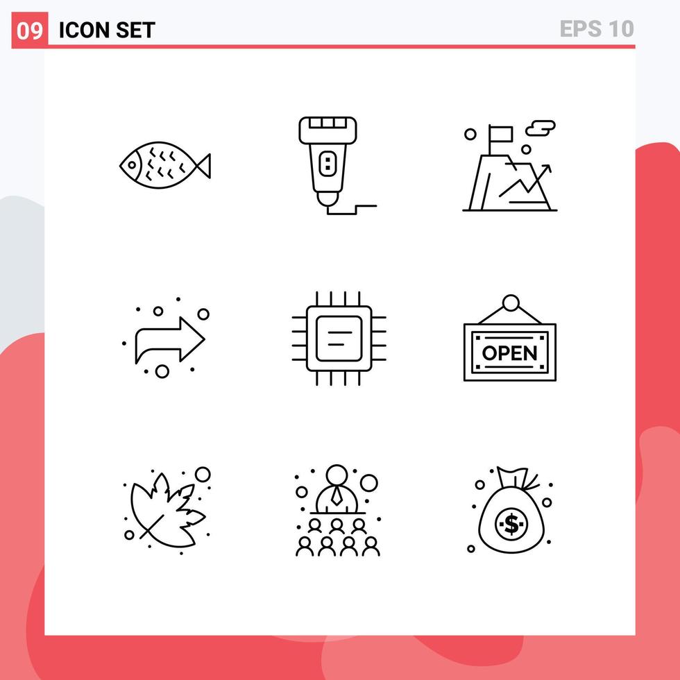 pack d'interface utilisateur de 9 contours de base d'éléments de conception vectoriels modifiables du scanner droit de la micropuce vers l'avant vecteur