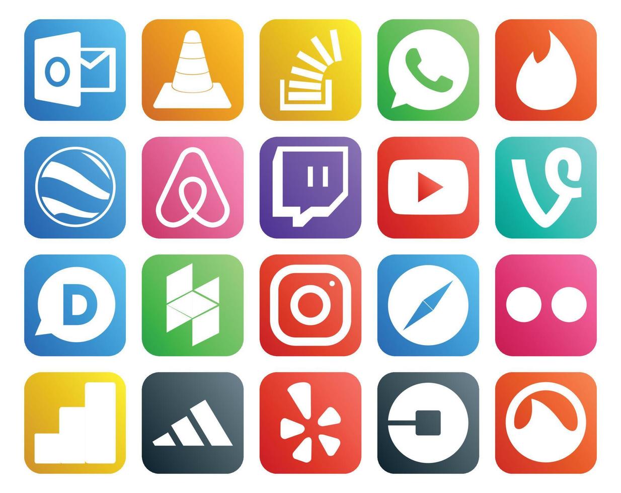 pack de 20 icônes de médias sociaux, y compris houzz vine whatsapp video twitch vecteur