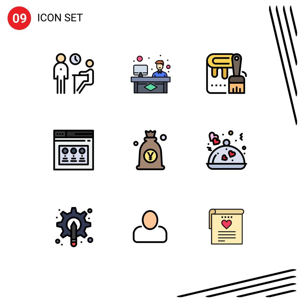 ensemble moderne de 9 couleurs et symboles plats remplis tels que la page de travail web yen peinture éléments de conception vectoriels modifiables vecteur